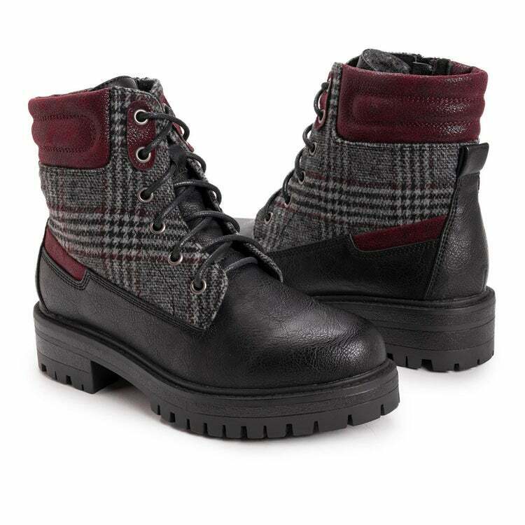 MUK LUKS WOMEN'S CATALINA LACE UP ANKLE COMBAT BOOT sz 6 BLACK /  MAROON PLAID