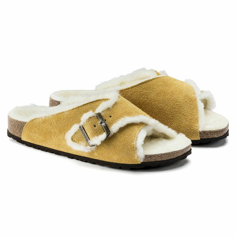 BIRKENSTOCK WOMENS AROSA OCHRE SUEDE SHEARLING SANDAL SLIPPER SLIDE 1017659