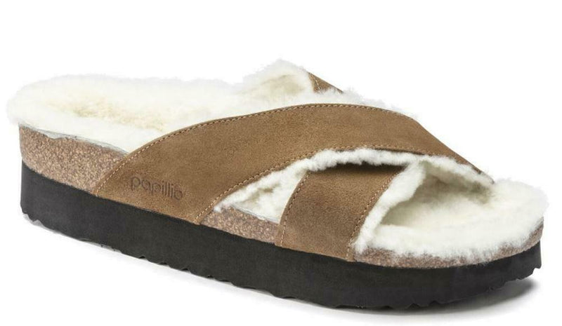 BIRKENSTOCK DAYTONA PLATFORM SANDAL SUEDE SHEARLING NARROW WIDTH TEA 1019355