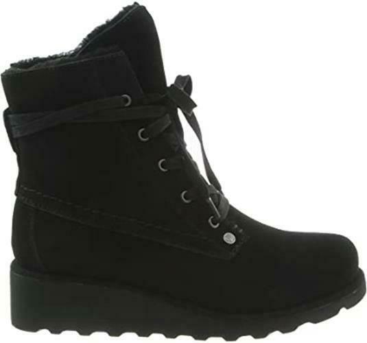 BEARPAW WOMEN'S KRISTA SUEDE SHEEPSKIN WINTER SHORT BOOTS sz 6.5 W BLACK 2025W