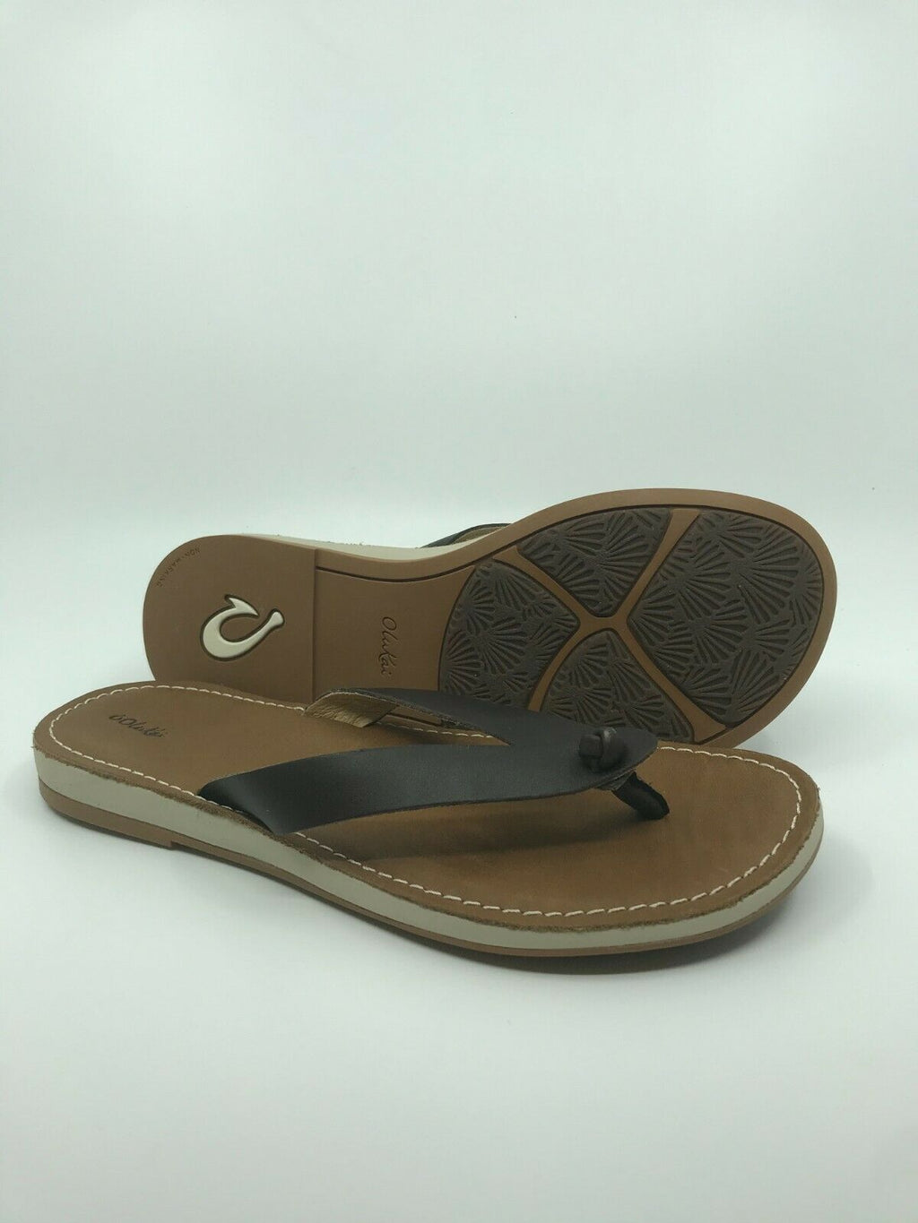 OLUKAI WOMENS NOHIE LEATHER SANDAL DARK JAVA TAN SIZE 8 FREE