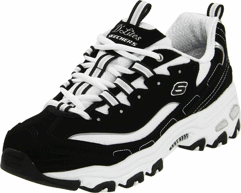 SKECHERS WOMENS D'LITES EXTREME NO-MEMORY FOAM SNEAKERS 7.5 EW BLACK WHITE 11422