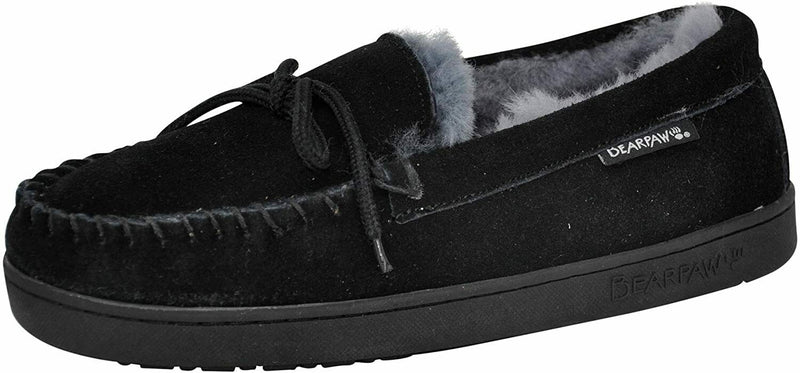 BEARPAW MENS MOC II SHEEPSKIN MOCCASIN SLIPPERS BLACK GREY 11 COZY LINED COMFORT