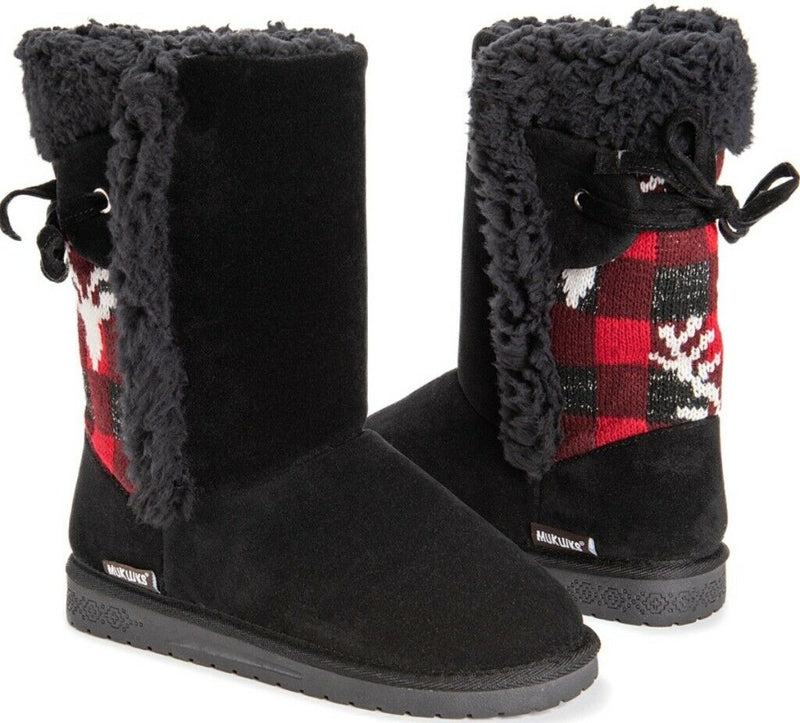 MUK LUKS Womens MISSY Ebony Red Faux Fur Slip On Ankle Boots 8 Knit