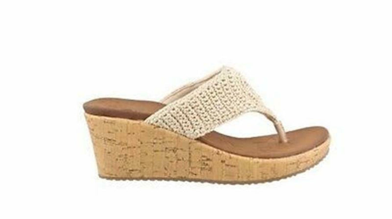 SKECHERS WOMEN'S BEVERLEE FANCY WORK LUXE FOAM WEDGE SANDAL sz 9 NATURAL 38557