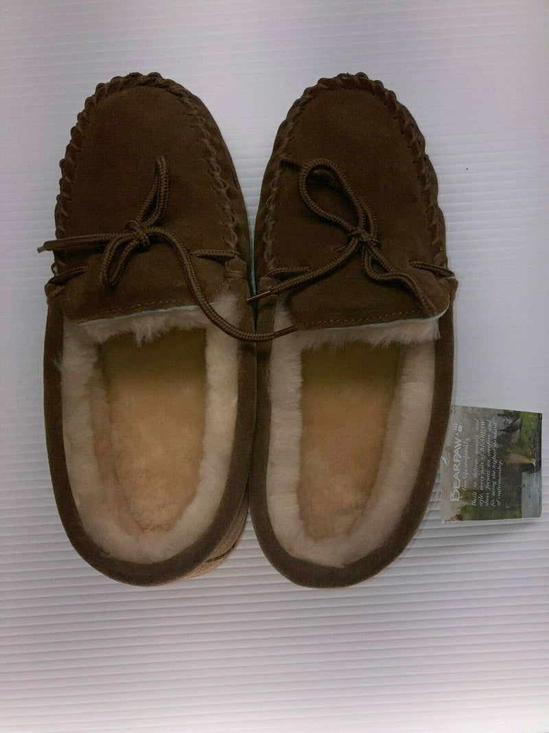 BEARPAW WOMENS MOC II SHEEPSKIN MOCCASIN HICKORY TAN FAUX 9.5 WIDE SHOE 1295W