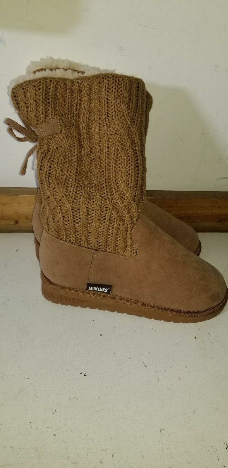 MUK LUKS WOMEN'S SKYLAR MID CALF KNIT PULL ON FASHION BOOT sz 6 TAN 1000015