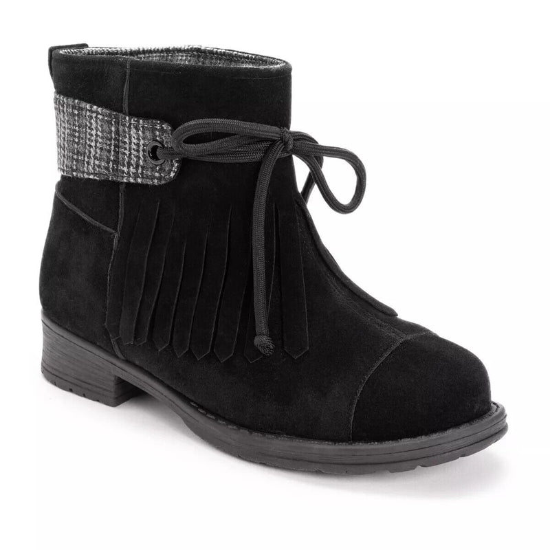 MUK LUKS WOMENS LYNSEY ANKLE BOOT BLACK WATER REISTANT FAUX SUEDE BLOCK HEEL