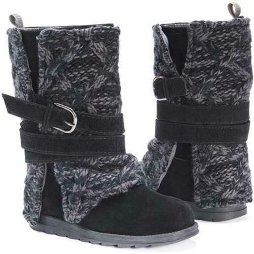 MUK LUKS WOMEN'S NIKKI BELT WRAPPED FLAT WARM WINTER BOOT sz 6 BLACK GREY 16202