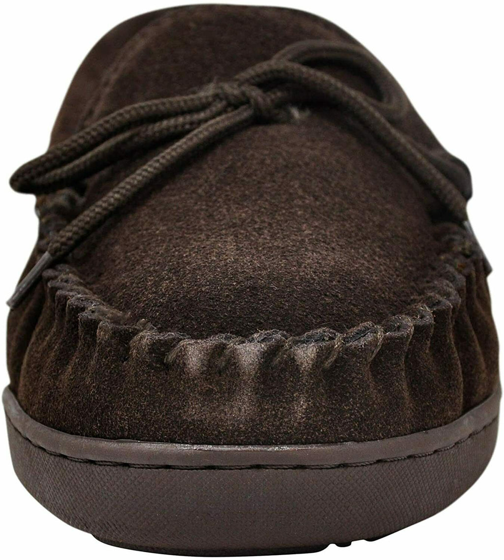 BEARPAW MEN'S MOC II COMFORT SHEEPSKIN FOOTBED sz 10.5 W CHOCOLATE FAUX 2382M