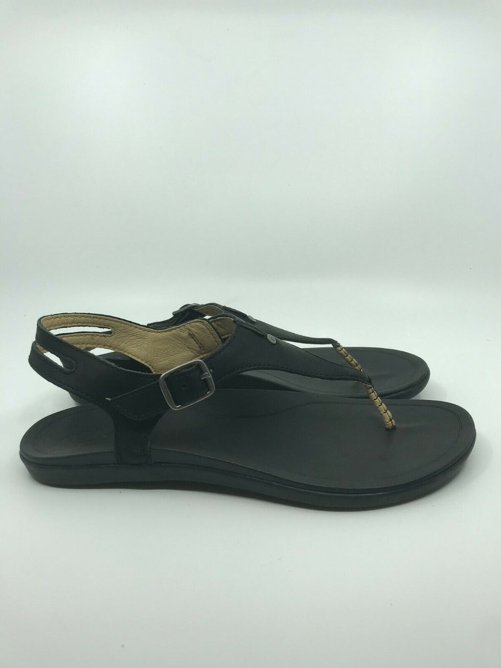 OLUKAI WOMENS 'EHEU LEATHER SANDALS BLACK SIZE 9 FREE SHIPPING