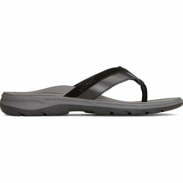 VIONIC MEN'S CANOE DENNIS TOE POST LEATHER FLIP FLOP SANDALS BLACK 10010327