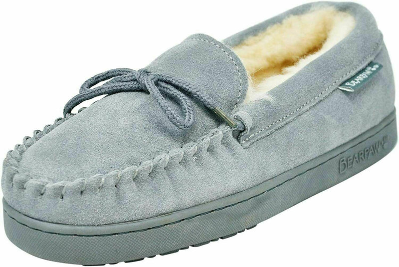 BEARPAW WOMEN'S MOC SHEEPSKIN WARMTH MOCCASIN SLIPPERS 8.5 M GRAY FOG 1295W