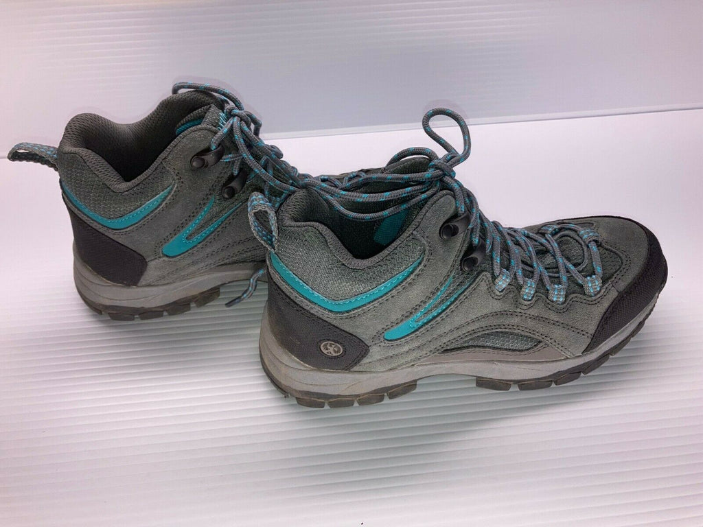 NORTHSIDE WOMEN'S PIONEER MID RISE LEATHER HIKING BOOTS sz 7 GREY/ TURQUOISE