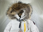 PARAJUMPERS WOMENS LONG BEAR DOWN JACKET PARKA INSULATED FUR HOOD SILVER GREY