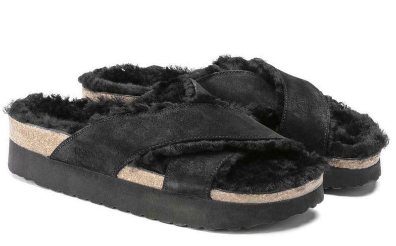 BIRKENSTOCK WOMENS DAYTONA SHEARLING SUEDE SANDAL BLACK PLATFORM 1019354 NARROW