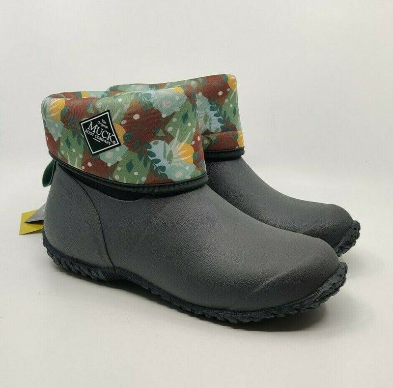 MUCK WOMEN MUCKSTER II MID RUBBER BOOTS GRAY FLORAL GREEN VEGGIE WATERPROOF