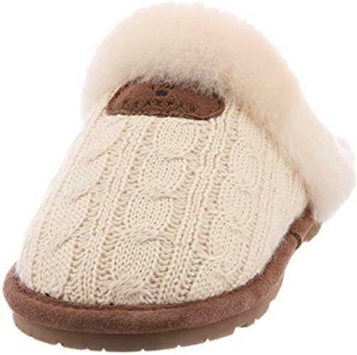 BEARPAW WOMEN'S EFFIE SHEEPSKIN COLLAR COMFORT SLIDE SLIPPERS sz 7 M LINEN 1674W