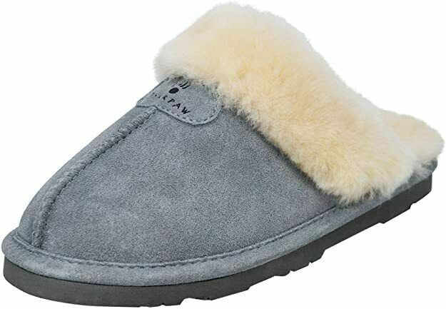 BEARPAW WOMEN'S LOKI II SHEEPSKIN COLLAR SLIDE SLIPPERS sz 6 M GRAY FOG 671W