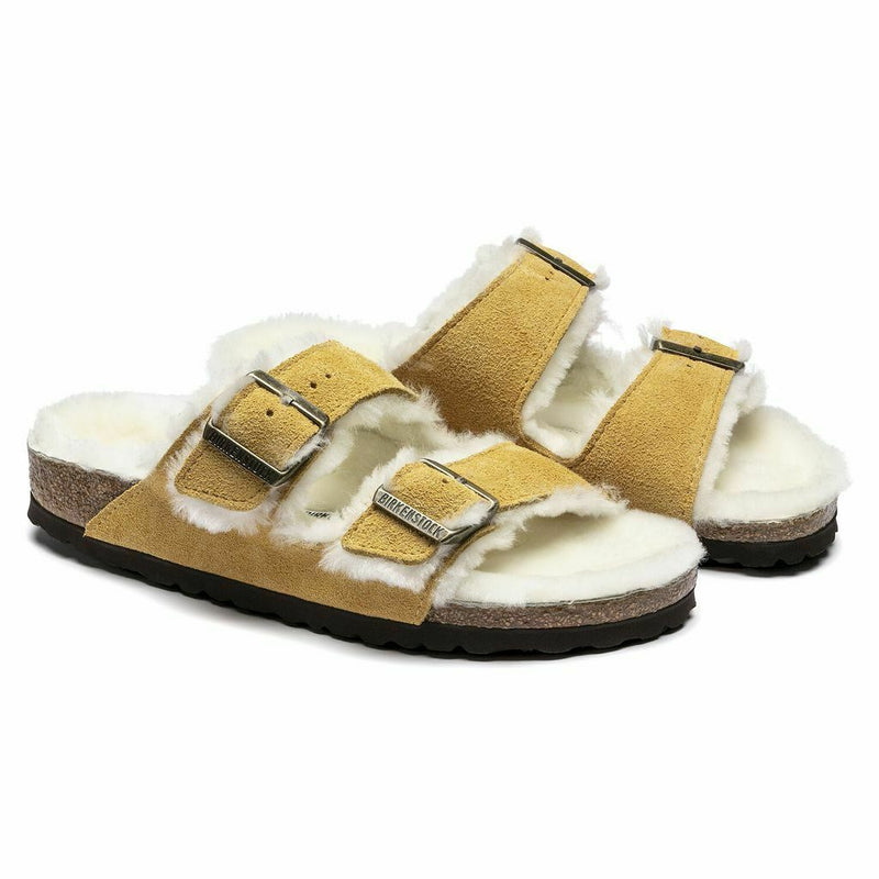 BIRKENSTOCK WOMENS ARIZONA OCHRE SUEDE SHEARLING SANDAL SLIDE 1017407 NARROW