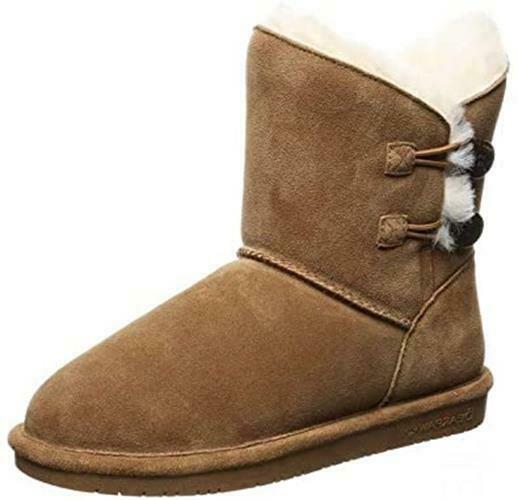 BEARPAW WOMEN'S ROSALINE WINTER SUEDE FAUX FUR SHORT BOOTS sz 6 M HICKORY 2588W