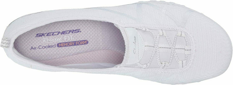 SKECHERS WOMEN'S BREATHE EASY FORTUNE KNIT BUNGEE SNEAKERS 8 WHITE SILVER 23028