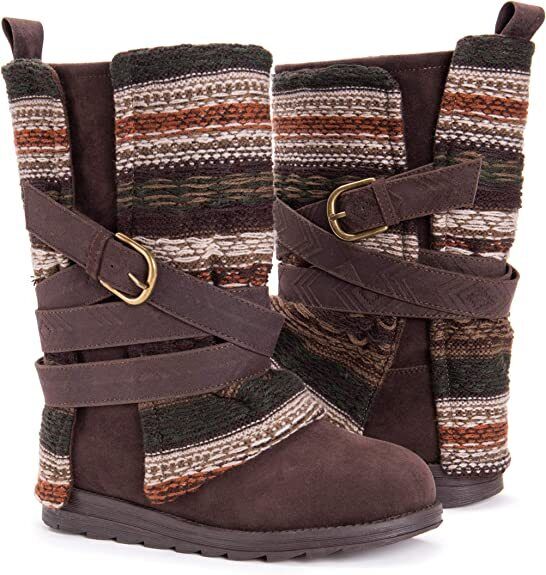 MUK LUKS WOMENS NIKKI BLT WRAPPED 3 in 1 BOOTS BROWN FAUX SUEDE SWEATER KNIT