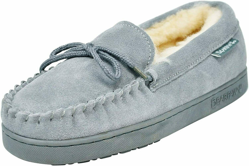 BEARPAW WOMENS MOC II SHEEPSKIN CUSHIONING MOCCASIN SLIPPERS sz 6 GREY FOG 1295W