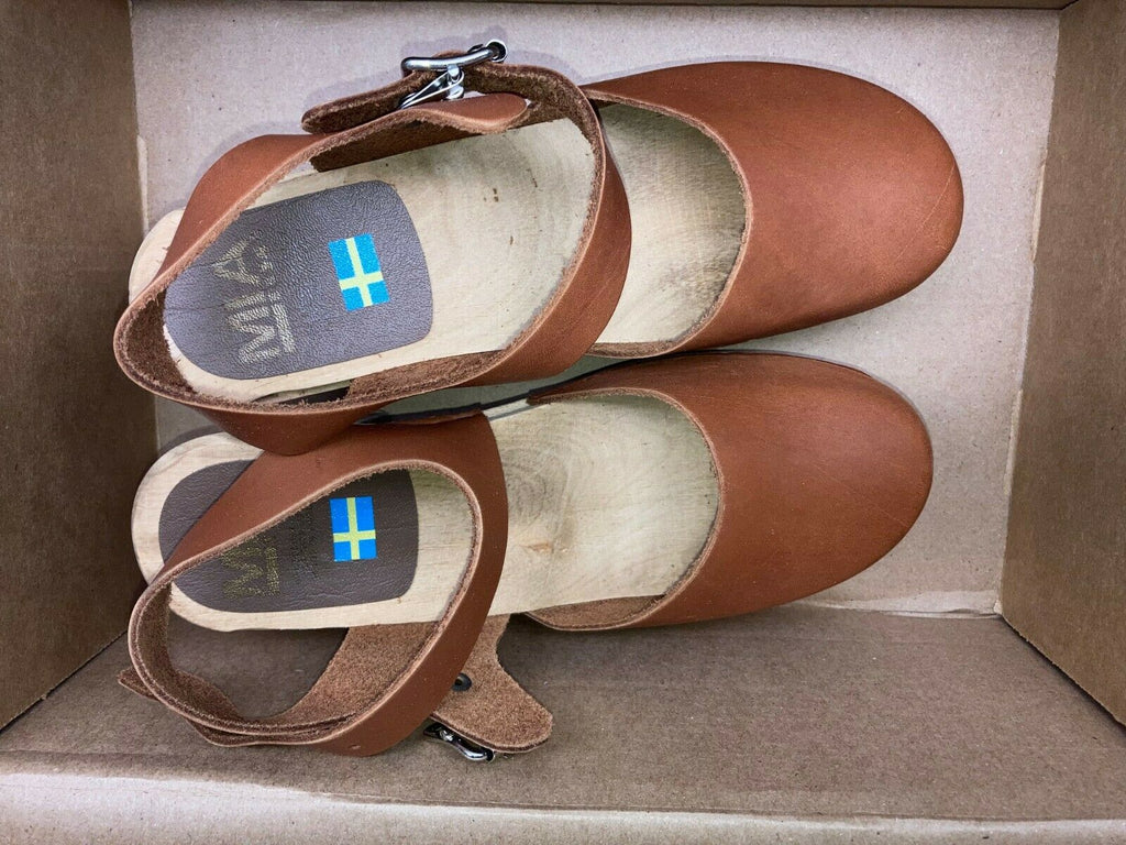 MIA WOMEN'S ABBA CLOG INSPIRED SANDALS LUGGAGE sz EU 39 US 8.5 LEATHER