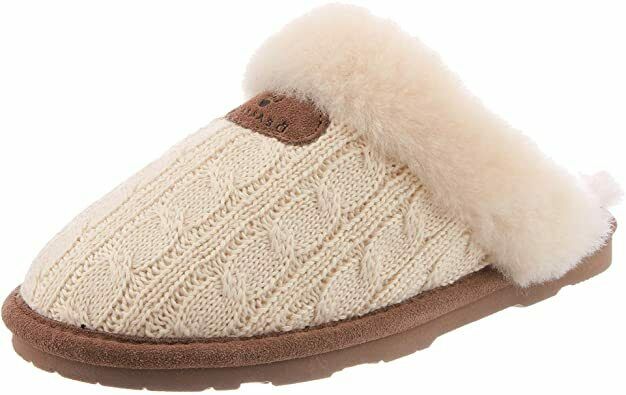 BEARPAW WOMEN'S EFFIE SHEEPSKIN COLLAR COMFORT SLIDE SLIPPERS sz 7 M LINEN 1674W