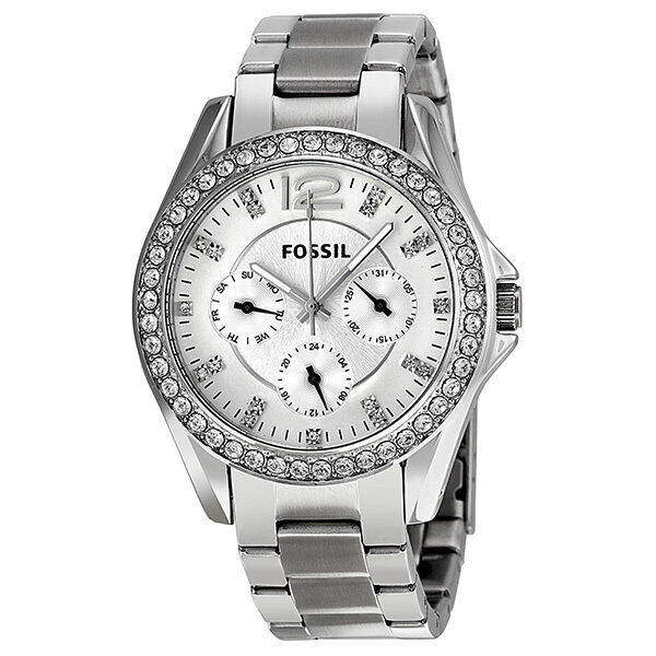 NEW FOSSIL WOMEN'S RILEY QUARTZ STAINLESS STEEL MULTIFUNCTION WATCH SILVER GLITZ